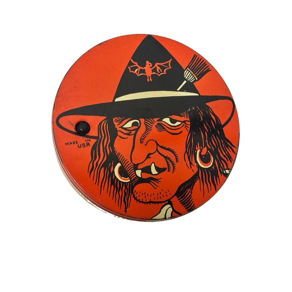 Vintage Halloween Witch Tin Litho Noisemaker Clicker Wood Handle Made in USA